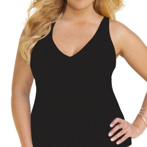 Schwarzes gerafftes A-Linien-Tankini-Top in großen Größen