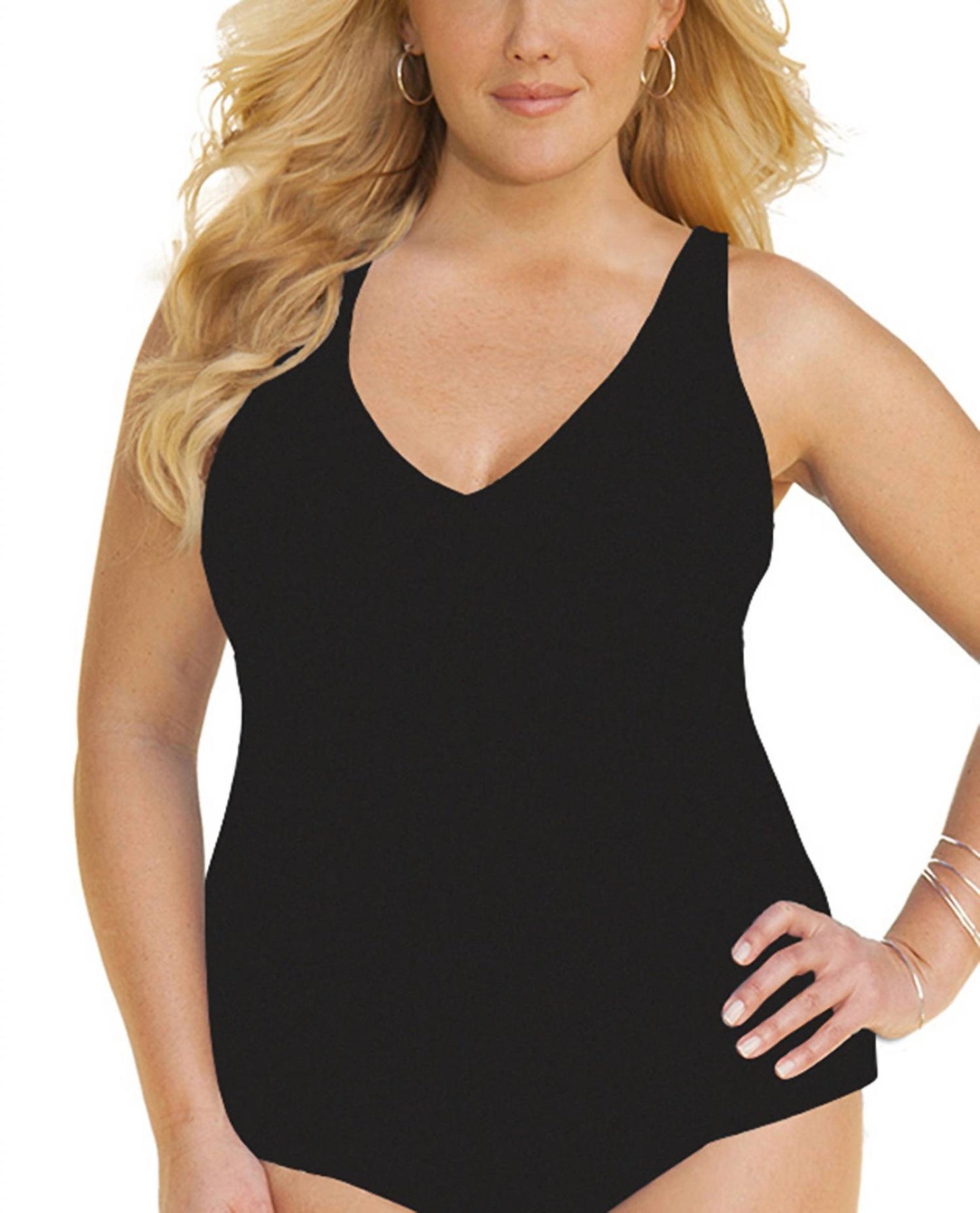 Schwarzes gerafftes A-Linien-Tankini-Top in großen Größen