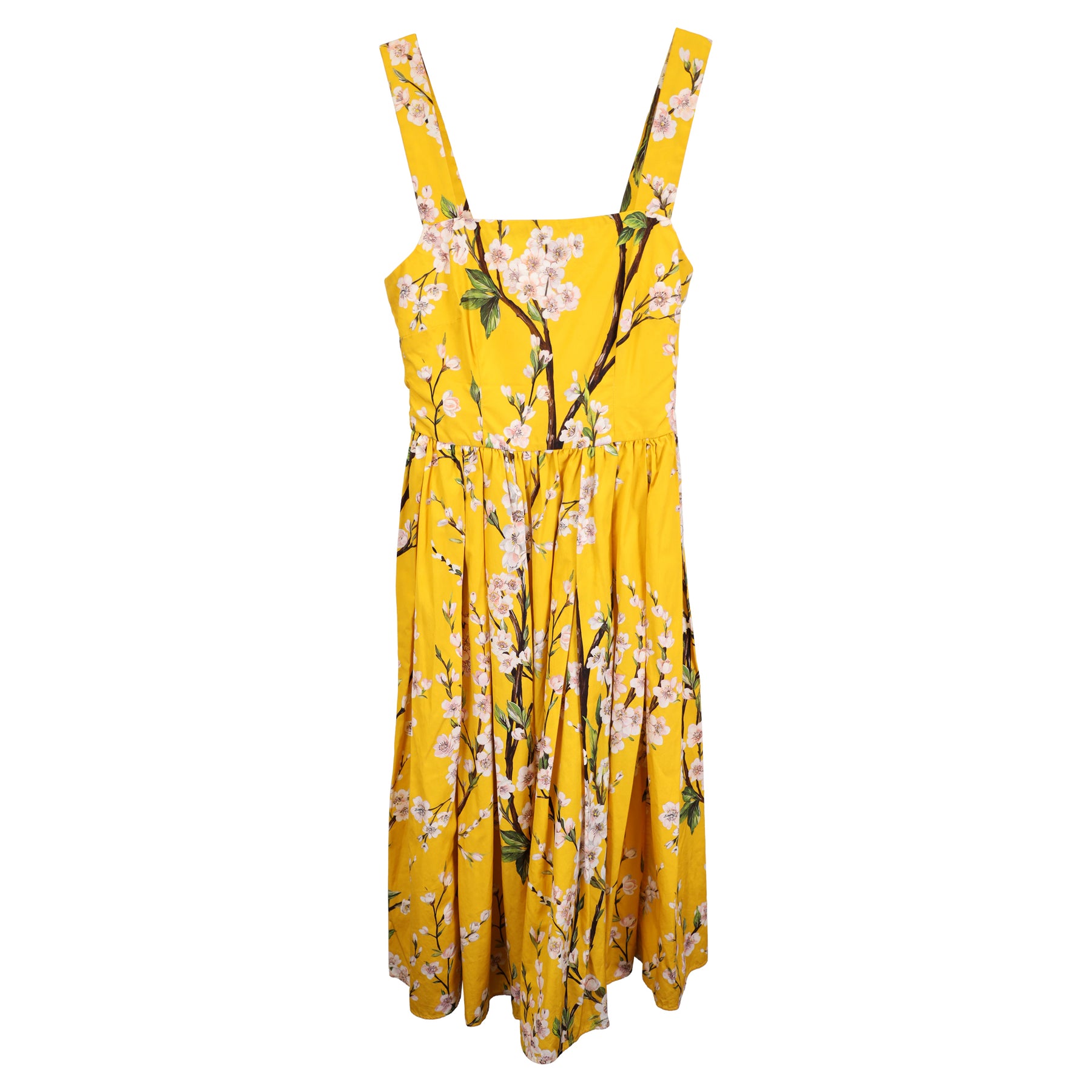 Dolce & Gabbana Sommerkleid aus Baumwolle mit Mandelblütenmotiv – Gelb, 7733641412668