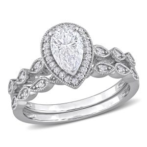 Mimi & Max 1 1/6ct DEW Brautring-Set – synthetischer Moissanit, Sterlingsilber, Tropfenform, Halo-Besatz