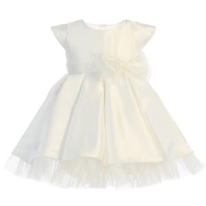 Cremeweißes Baby-Mädchen-Blumenmädchenkleid aus Satin mit durchgehenden Falten und Schleife, 6–24 Monate