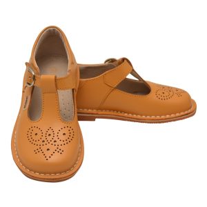 Perforierte Mädchen-Lederschuhe mit T-Riemen und Stitchdown-Verarbeitung – Senfgelb, Größen 5 (Kleinkinder)–4 (Kinder)