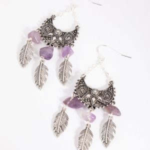 Fächerförmige Hängeohrringe in Antiksilber mit Amethyst