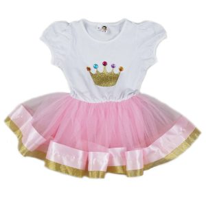 Rosa-weißes Mädchen-Geburtstagskleid mit goldfarbenem Kronendetail, S (9–24 M)–XL (6–8)
