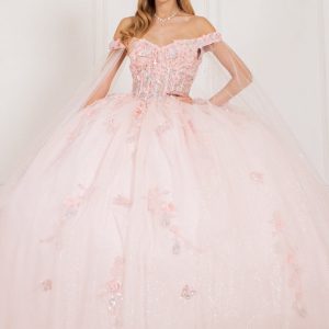 Schulterfreies Damen-Ballkleid mit Blumenapplikationen, Größen 4/XS–16/3X