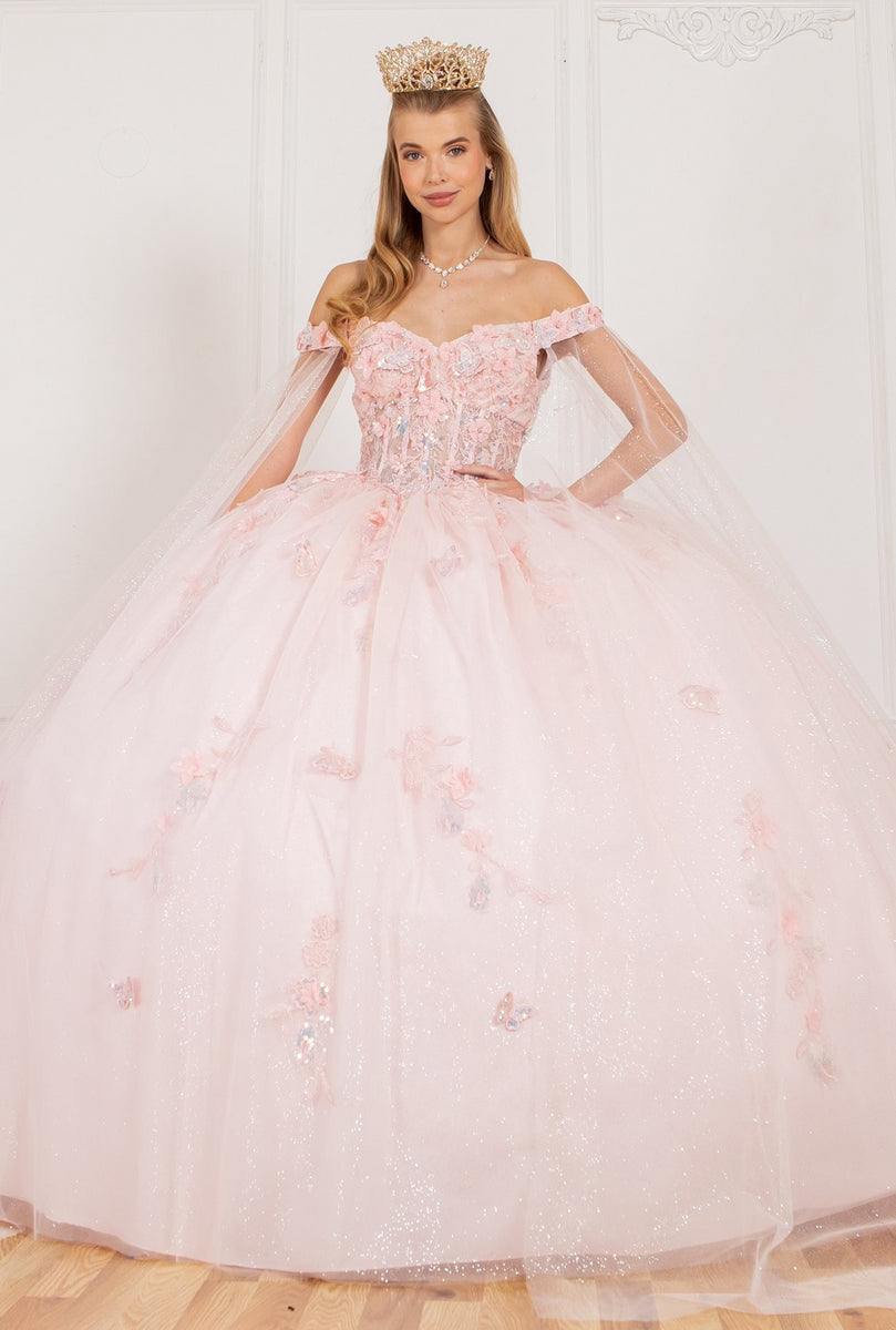 Schulterfreies Damen-Ballkleid mit Blumenapplikationen, Größen 4/XS–16/3X