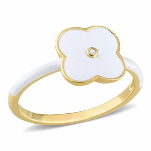 Mimi & Max floraler Ring mit synthetischem weißem Saphir und weißem Emaille aus gelbvergoldetem Sterlingsilber