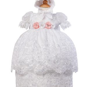 Weißes dreiteiliges Baby-Mädchen-Taufkleid-Set mit Puffärmeln und Haube, 6–12 Monate