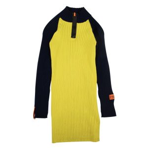 Kleid – gerippt, Gelb, Strick, Marineblau