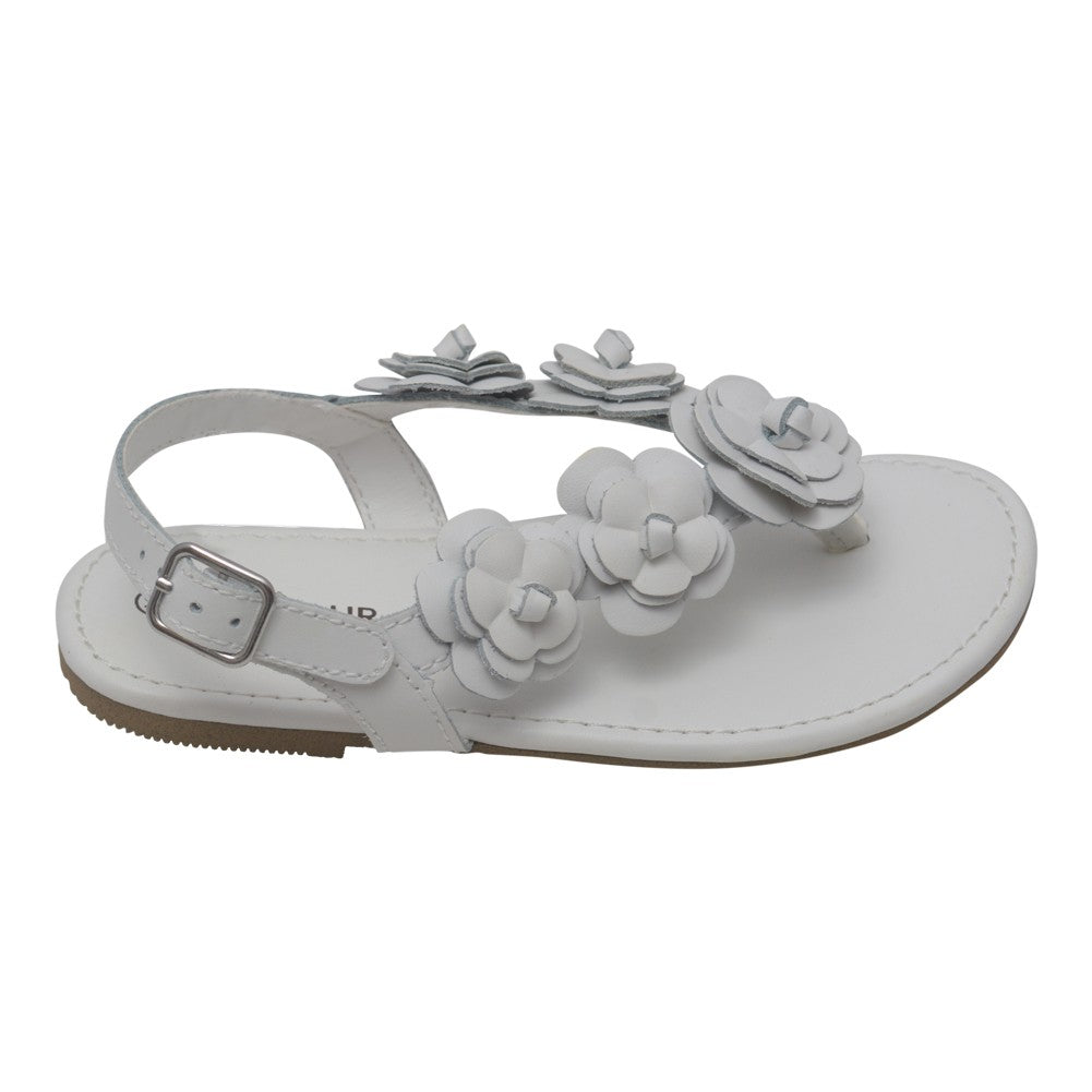 Weiße Mädchen-Zehentrennersandalen mit Schnalle und Blumenverzierung, Kleinkindgrößen 7–10