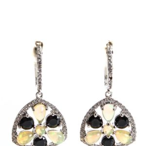 Rarities Cluster-Hängeohrringe mit Opal und schwarzen und weißen Spinellen aus Sterlingsilber, 1,25
