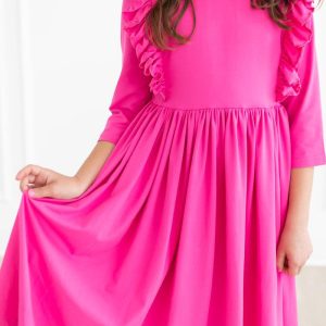 Kleid mit schwingendem Rock – Pink, Rüschen