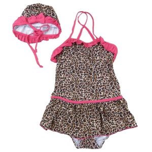 Brauner Mädchen-Badeanzug mit Leopardenmuster, Rüschenbesatz und Badekappe, Größen 2T–7