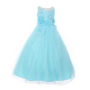 Aquafarbenes Blumenmädchenkleid aus weichem Tüll mit 3-D-Blumen und transparenten Details, Größen 4–6