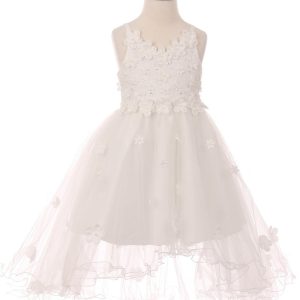 Weißes Junior-Brautjungfernkleid aus Satin und Tüll mit 3D-Blumenapplikationen, Größen 2–12