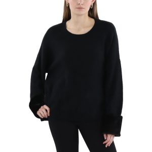 Plissierter Pullover mit Rundhalsausschnitt und Kunstfellmanschetten