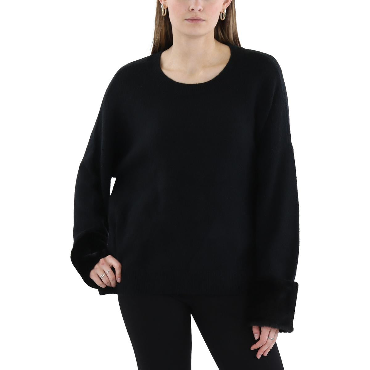 Plissierter Pullover mit Rundhalsausschnitt und Kunstfellmanschetten