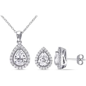 Mimi & Max Set aus Halskette und Ohrringen mit synthetischen weißen Saphiren aus Sterlingsilber, 4 7/8 ct TGW
