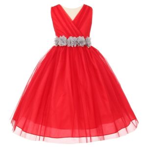 Big Flowers 8-14 Junior-Brautjungfernkleid – Chiffon, Silber, Tüll, Mädchen, Rot