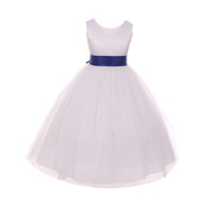 Weiß-royalblaues Blumenmädchenkleid mit Satinbindegürtel und Schleife, Größen 2–6