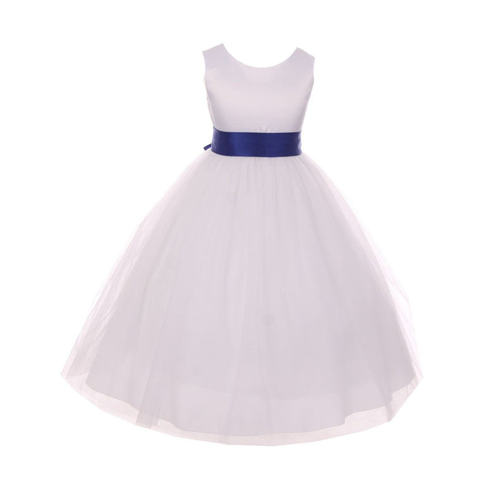 Weiß-royalblaues Blumenmädchenkleid mit Satinbindegürtel und Schleife, Größen 2–6