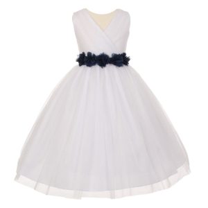 Weiß-schwarzes Blumenmädchenkleid aus Tüll mit Chiffon-Blumenbindegürtel, Größen 2–6