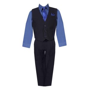 Schwarz-marineblauer fünfteiliger Baby-Jungen-Anzug mit Hemd, Weste, Hose, Krawatte und Einstecktuch, 3–24 Monate