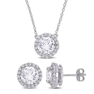 Mimi & Max Halo-Set aus Ohrringen und Anhänger mit synthetischen weißen Saphiren aus Sterlingsilber, 8 1/3 ct TGW