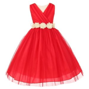Big Flowers 8-14 Junior-Brautjungfernkleid – Chiffon, Tüll, Mädchen, Elfenbein, Rot