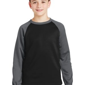 Sport-Tek Sport-Wick Kinder-Fleeceoberteil mit Rundhalsausschnitt, Raglanärmeln und Colorblocking – YST242