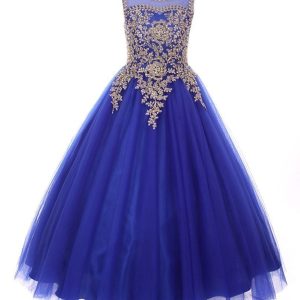 Goldfarbenes Blumenmädchenkleid mit Strass-Kordelverzierung und transparentem Ausschnitt, Größe 14