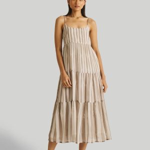 Maxikleid – Riemchen, Streifenmuster, mehrstufig, Beige