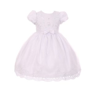 Weißes Baby-Mädchen-Taufset aus Organza mit Spitzen-Schleifendetail, Cape, Hut und Kleid, 0–24 Monate