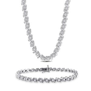 Mimi & Max Set aus Tennisarmband und Halskette mit Diamanten aus Sterlingsilber, 1 1/2 ct TDW