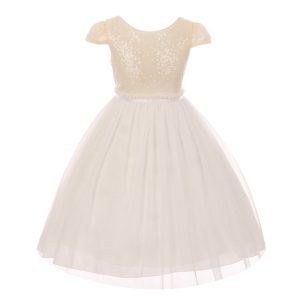 Elfenbeinfarbenes Kleid für junge Brautjungfern aus Tüll mit Pailletten und Kappenärmeln, Größen 8–12
