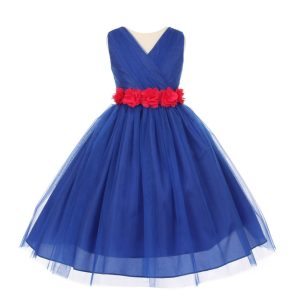 Royalblau-fuchsiafarbenes Blumenmädchenkleid aus Tüll mit Chiffon-Blumenbindegürtel, Größen 2–6