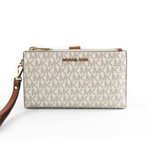 Michael Kors Jet Set Travel Signature große Damen-Ledergeldbörse mit zwei Reißverschlüssen und Handschlaufe