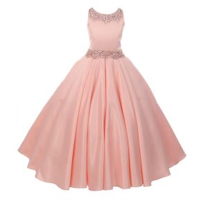 Altrosa schimmerndes Blumenmädchenkleid aus mattem Satin mit Perlenbesatz und Falten, Größen 4–6