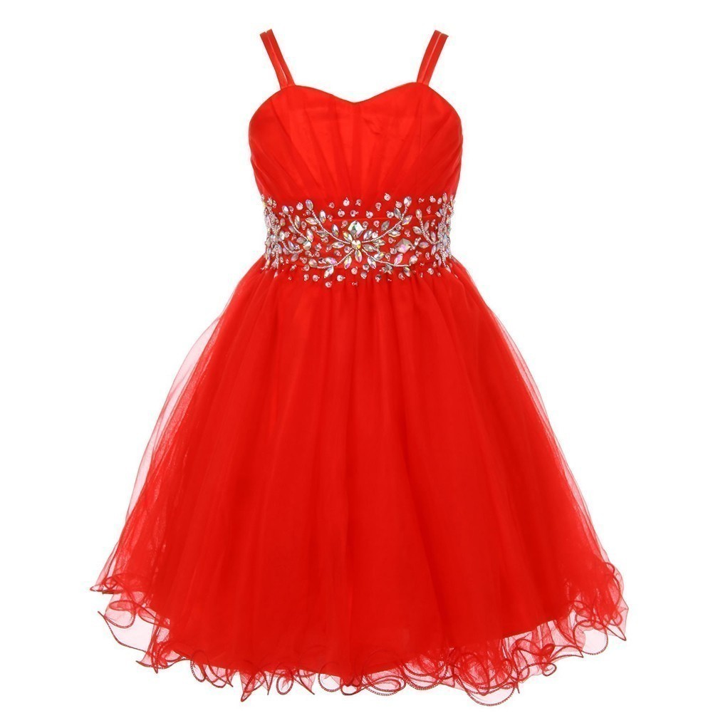 Rotes plissiertes Tüllkleid für junge Brautjungfern mit Steinbesatz, Größe 12