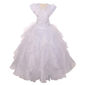 RainKids Big Layer Communion 7-18 Kleid – Organza, Blumenmotiv, Pailletten, Tüll, Mädchen, Weiß