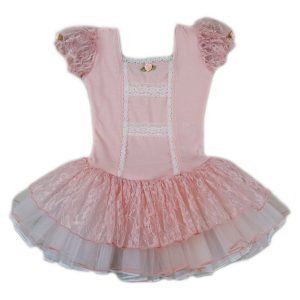 Pfirsichfarbenes Mädchen-Ballettkleid mit Spitze, kurzen Ärmeln und bauschigem Rock, S (9–24 M)–XL (6–8)