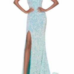 Formelles One-Shoulder-Kleid mit Seitenschlitz in Vintage Mint