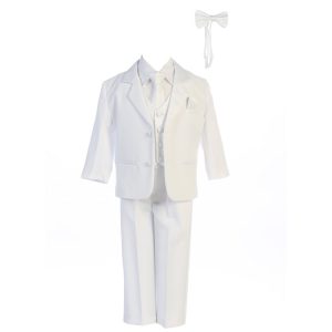 Weißer Baby-Jungen-Smoking mit Dinnerjacke, Weste, Fliege, Reißverschluss, Hemd und Hose, 3–24 Monate