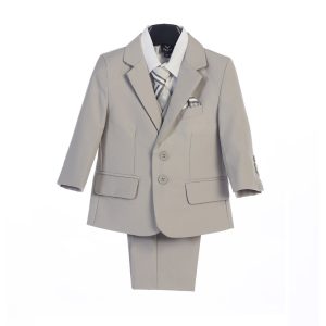 Hellgrauer fünfteiliger Baby-Jungen-Anzug mit Jacke, Weste, Einstecktuch, Krawatte, Hemd und Hose, 6–24 Monate