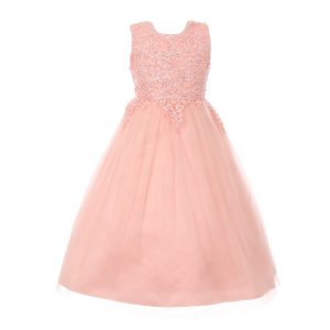 Altrosa Blumenmädchenkleid aus Tüll und Satin mit Perlen und Pailletten, Größen 4–6