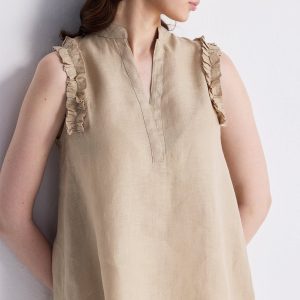 Ärmelloses Hanfoberteil mit Rüschen – Beige