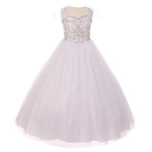 Weißes Mädchen-Festkleid mit Strass, Tüll und Bolero, Größen 4–6