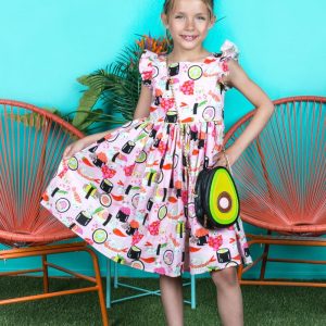 Rosa Mädchen-Baumwollkleid mit Sushi-Katzenprint und Schmetterlingsärmeln, Größen 2–14