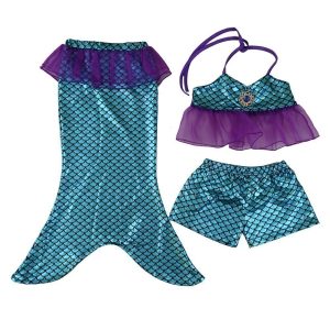 Dreiteiliges Mädchen-Badeset mit Meerjungfrauenschwanz, Oberteil und Shorts in Blau, Größen 2T–7