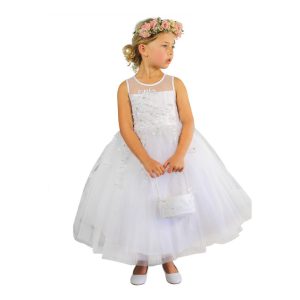 Elfenbeinfarbenes Blumenmädchenkleid mit Illusionsausschnitt und floraler Spitze für größere Mädchen – 8–12